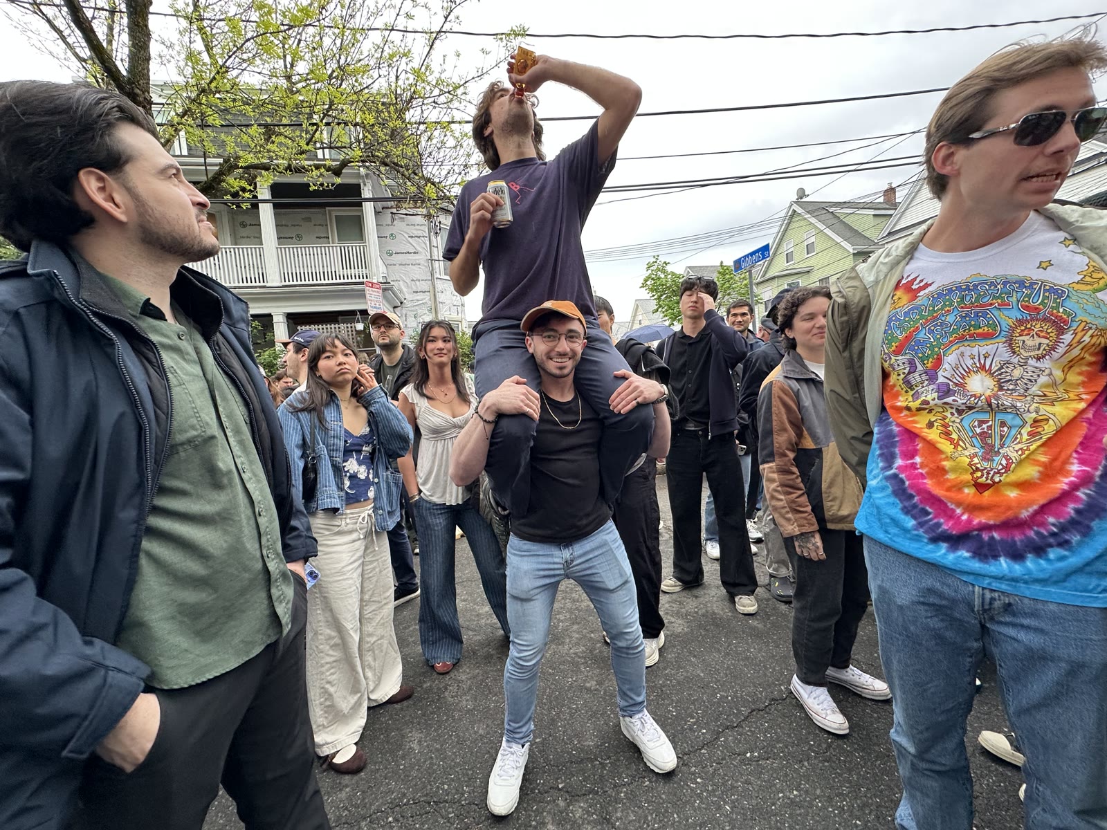Crowd dancing in the street at CRUSH's Porchfest set